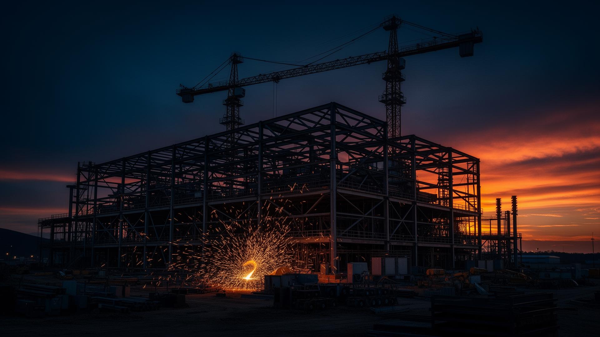 Steel framework of a power plant under construction at dusk