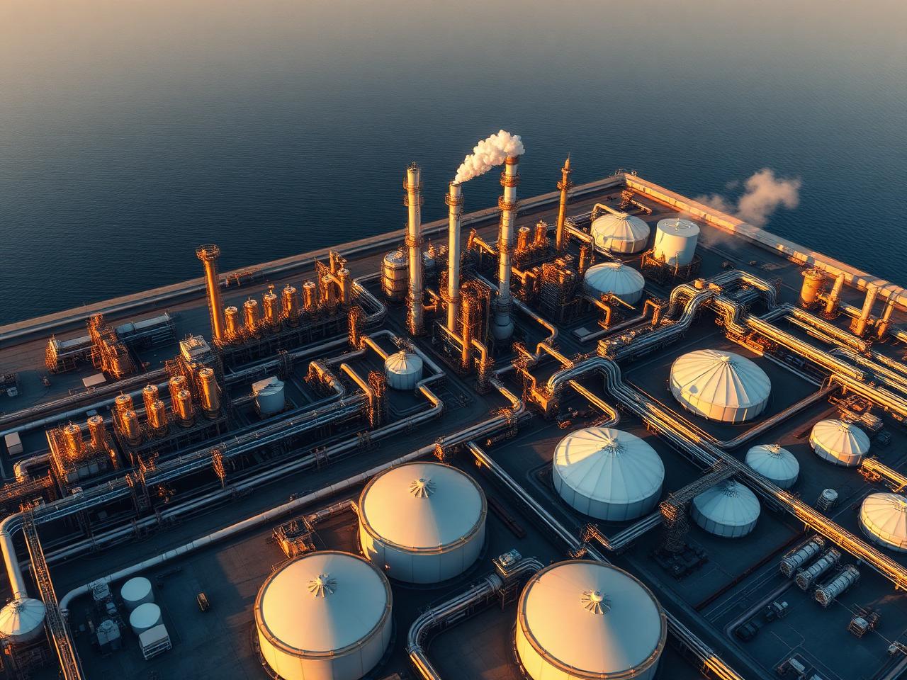 Coastal refinery expansion site with industrial process towers