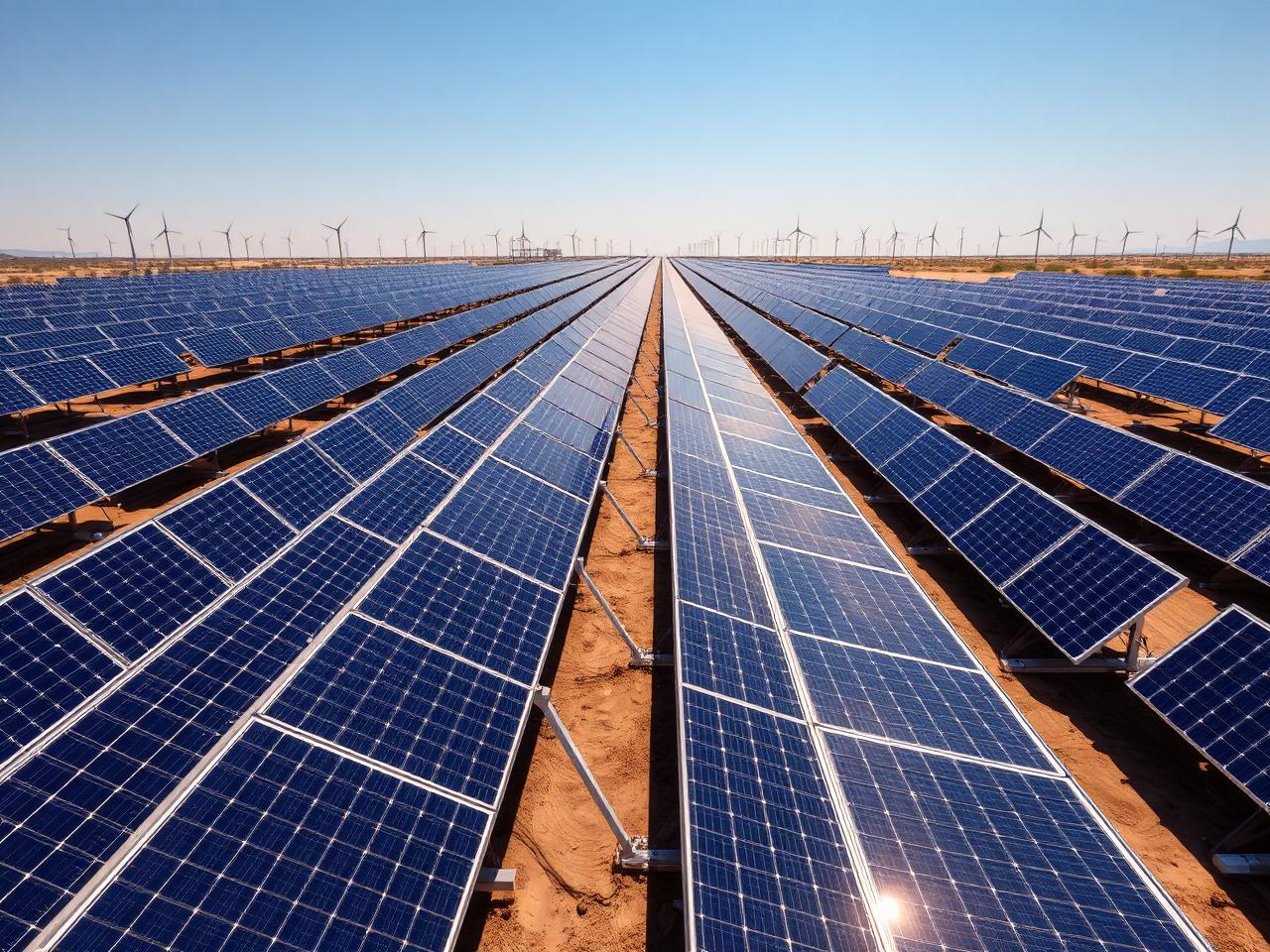 Utility-scale solar park with rows of photovoltaic panels